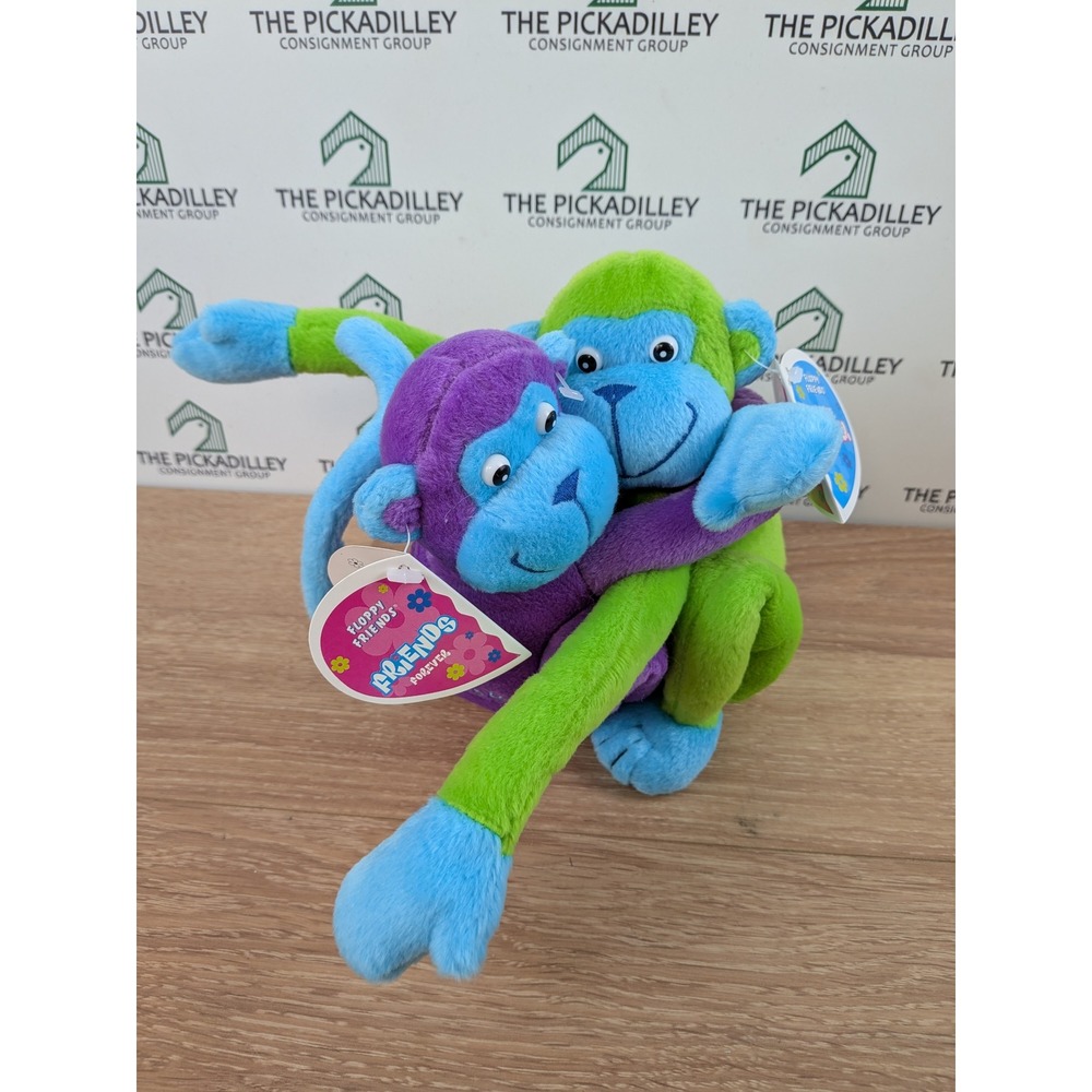 Vintage 2001 Floppy Friends Hugging Monkeys Plush Purple Green Blue GMA Access
